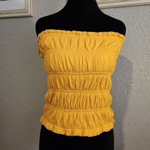Anthropologie Mustard Yellow Smocked‎ Tube Top Strapless Cotton Crop Small